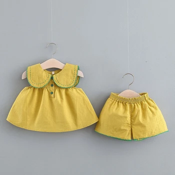 

2019 Summer Baby Girls Solid Lapel Collar Sleeveless Blouse Tops + Casual Shorts Princess Party Clothing Sets Kids 2Pcs Suits