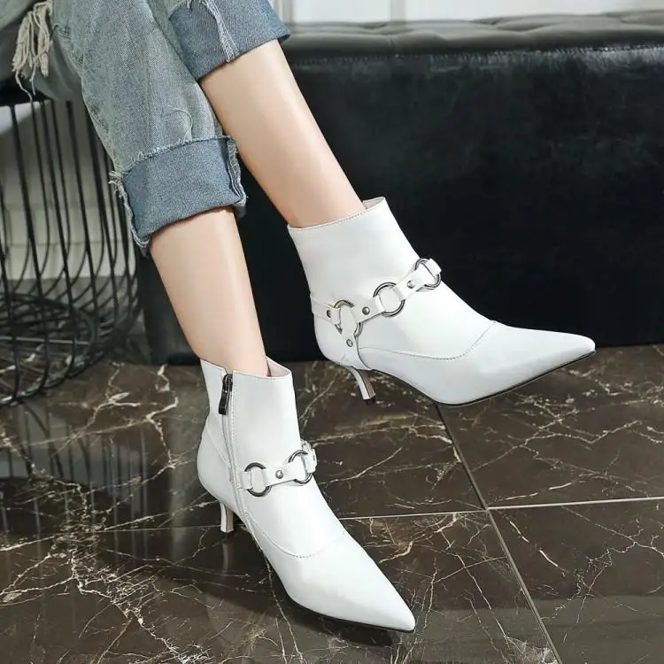 

Fashion Women's Ankle Boots Black White Metal Decoration Stilettos Genuine Leather Pointed Toe Shoes OL S26