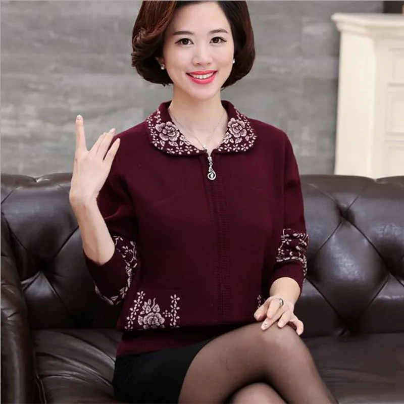 

Spring Autumn Middle Aged Women Elegant Print Cashmere Sweaters Casual Long Sleeve Cardigan Outwear Plus Size M-4XL QV518