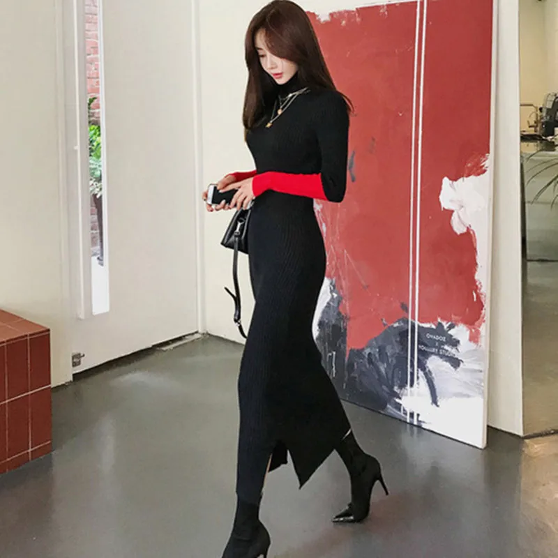 

New Autumn Korean Knitted Mermaid Dress Women 2019 Winter Elastic Stetch Midi Long Bodycon Turtleneck Dresses Bottoming Vestido
