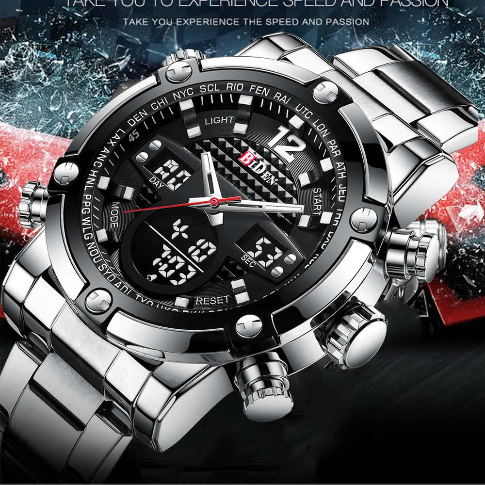 

BIDEN Mens Watches Digital Waterproof Chronograph Sport Military Top Brand Luxury Stainless Steel Quartz LED Men Watch Gift