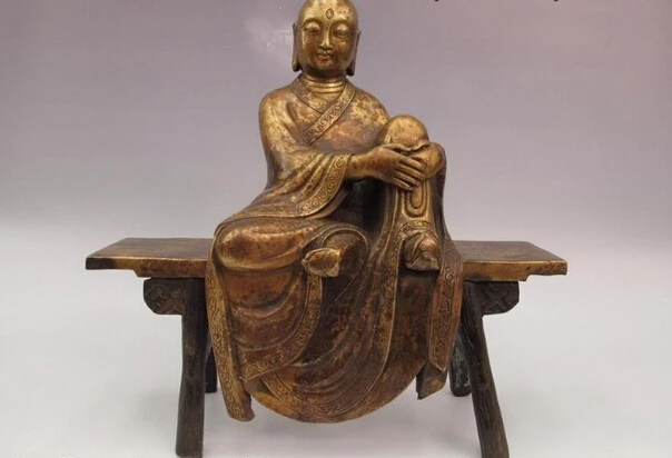 

song voge gem S0852 Chinese Bronze Copper Buddhism Sit stool arhat Buddhist monk Buddha Art Statue