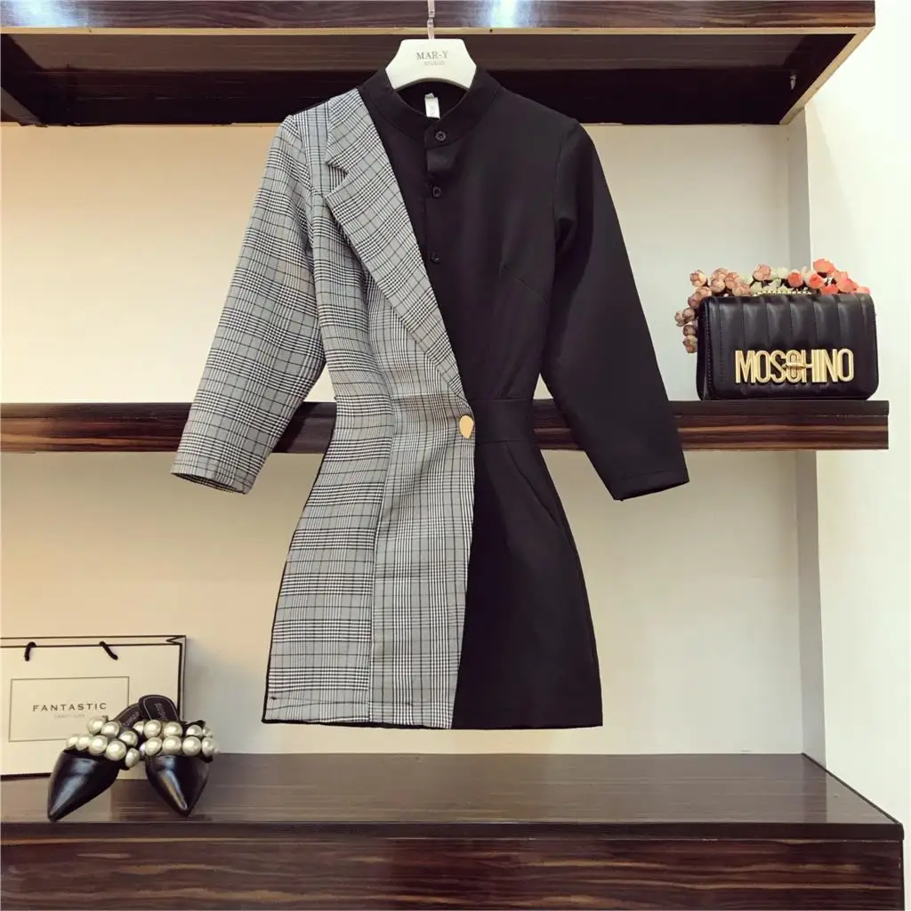

2019 Fashion Women Long Sleeve Stitching Plaid Blazer Suit Playsuit Spring Cool Fake Two Piece High Waist Black Shorts Jumpsuits