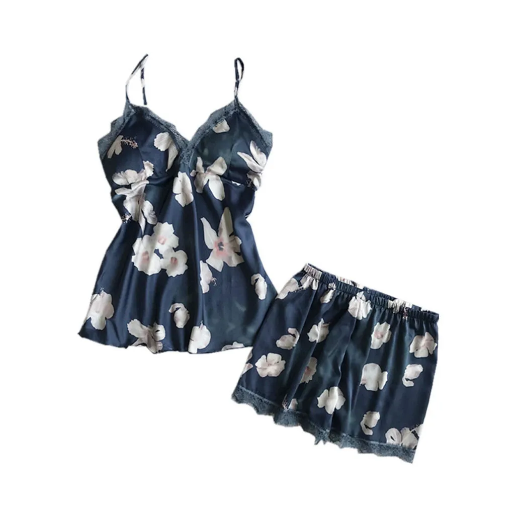 

Two Sets Of Women'S Summer Pajamas Sling V-Neck Flower Decoration Design Navy Elegant Pajamas Women'S Trend Singles Bielizna d2