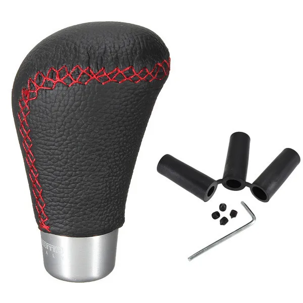 Universal Black Real Leather Red Thread Car Auto Manual Gear Shift