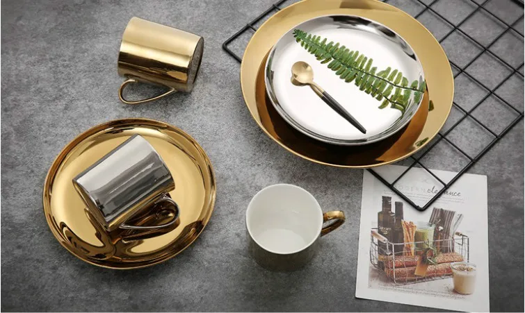 Золотая керамическая тарелка, диск, тарелка для завтрака, десертный набор тарелок, столовый сервиз