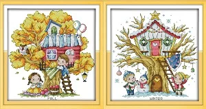 Joy Sunday Tree House рукоделие C951 C952 14CT 11CT Счетный и штампованный домик на дереве осень зима вышивка крестом наборы - Цвет: C951C952