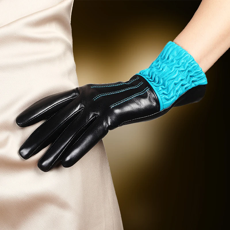 Brand Genuine Leather Gloves High Quality  Women  Sheepskin Gloves Two Tone Winter Plus Velvet Finger Driving Glove L150NC