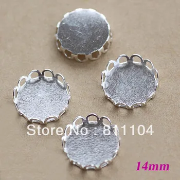 

14mm Silver Plated Copper Blank Circle Round Lace Pendant Trays Bases Bezel DIY Cameo CABs Jewelry Findings Settings Wholesale