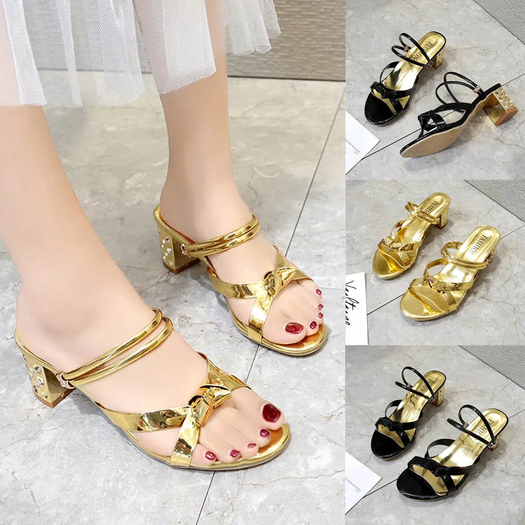 

Women Gold Med Heel Shoes Dress Heeled Sandals Dress Party Elegant Pump Slippers Square with ladies sandals sandalias mujer 2019