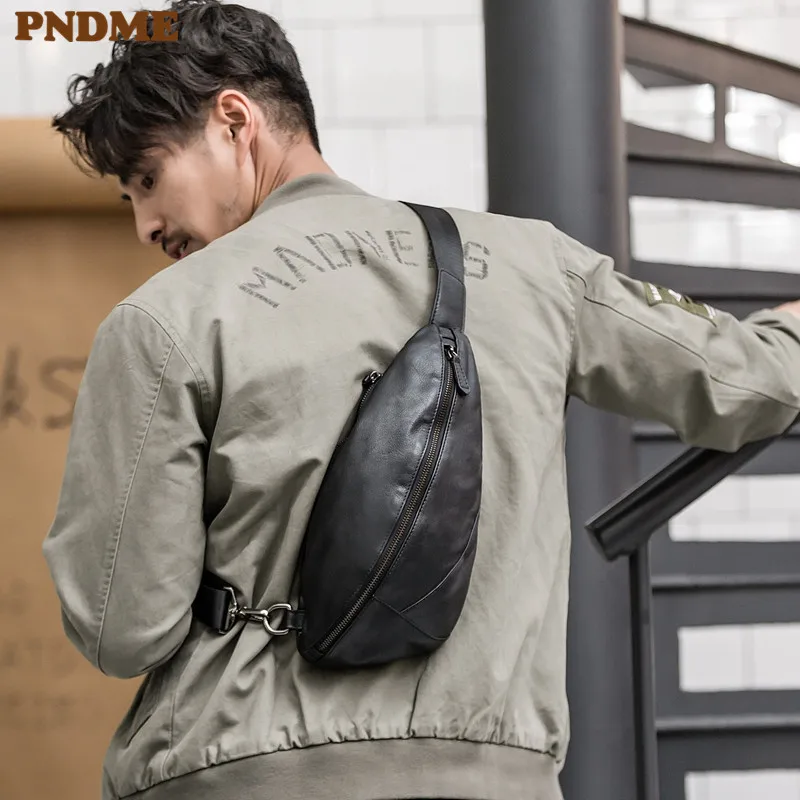 

PNDME casual simple high quality genuine leather men's crossbody bag chest bag fashion first layer cowhide black shoulder bags