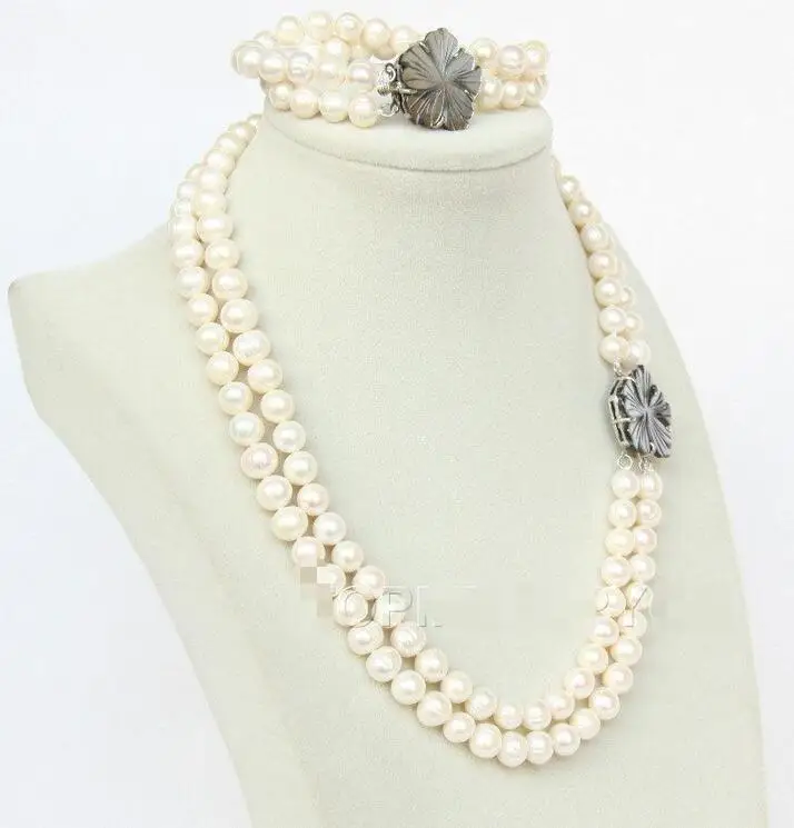 

Free Shipping >>>>18" 8" 2row round white FW pearls necklace bracelet set seashell clasp E2643