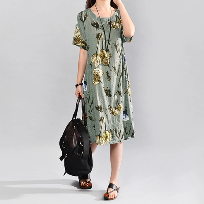 Летнее женское платье размера плюс 5XL, Винтажные льняные платья с цветочным принтом, повседневные женские платья миди с коротким рукавом - Цвет: Серый