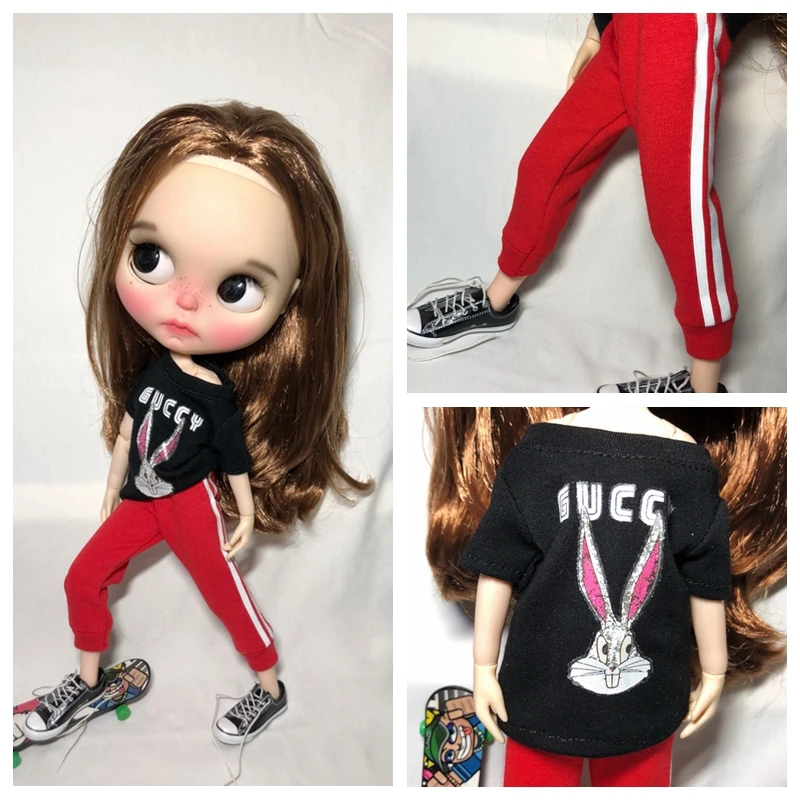 1 шт. черная футболка для кукол Blyth Azone S красные спортивные штаны в полоску
