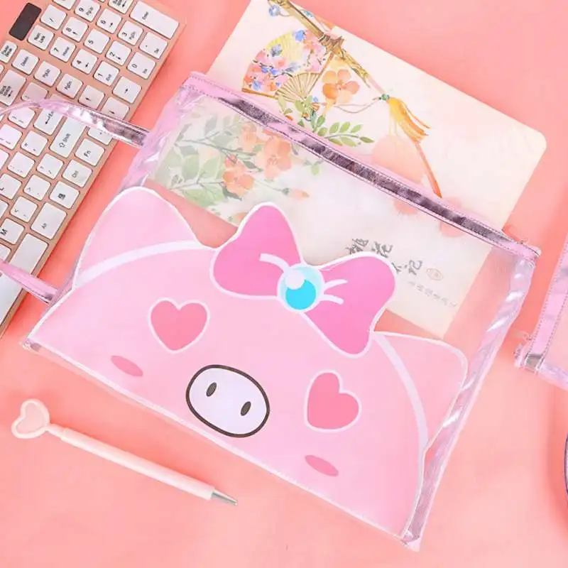 

2019 Cute Cartoon piggy Practical Transparent Mesh Zipper Stationery File Bag Pencil Case Makeup School Office Supply Storage