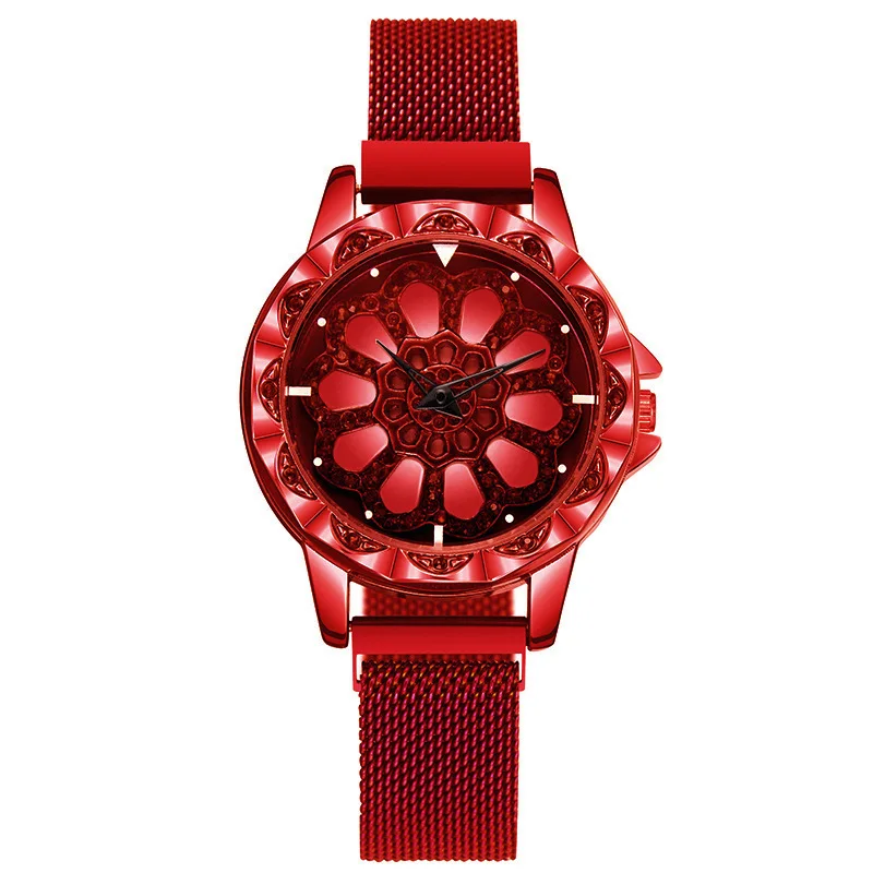 Хит, женские часы с вращением на 360 градусов, роскошные золотые бриллиантовые магнитные часы, звездное небо, женские часы, модные геометрические кварцевые наручные часы - Color: Red