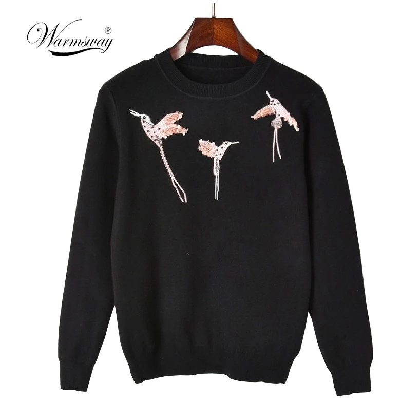 New Popular Pink Bird Hand Made Sequined Sweater Crew Neck Long Sleeve Pull Femme Fall Winter Women Pullovers  C-231