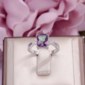 

Rings For Women Solid S925 Sterling Silver Rectangle Cubic Zirconia Rainbow Mystic Colorful Ring Bridal Wedding Fine Jewelry