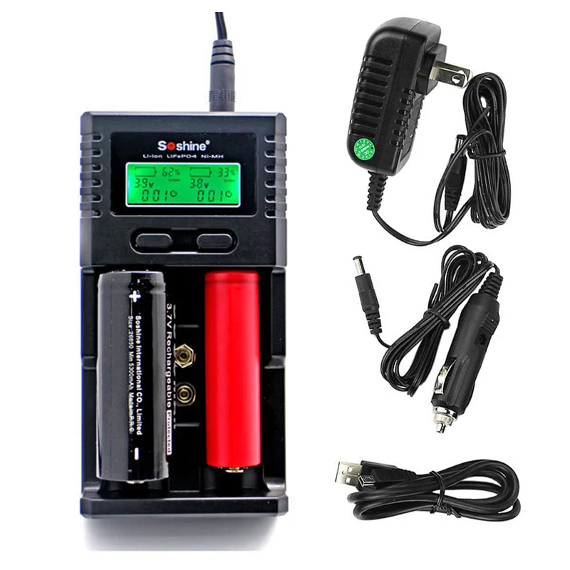 Top Deals Soshine H2 Intelligent Battery Charger with 2 slot LCD display and car charger for ion 18650 mh aa aaa LiFePO Black