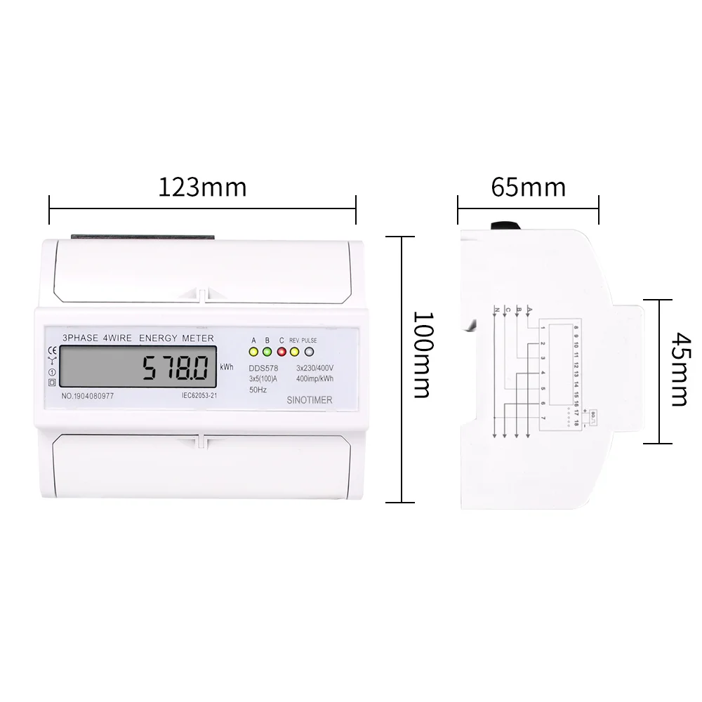 DDS578 New Model 3*5(100)A 50Hz 230V Energy Meter Three Phase 7P DIN Rail LCD Digital Electric Power Consumption Meter