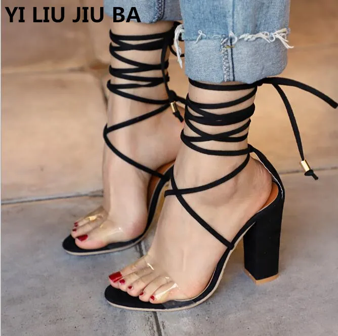 

4 Colors new Women High Heels Sandals 2019 New Concise PVC Open Toe lace up Sexy Women's Party Sandals Summer Shoes women **873