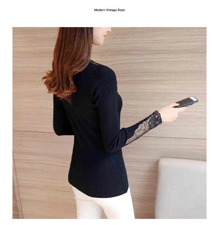 All-match Fashion Women Sweaters Knitted Long Sleeve Sweaters And Pullovers Rose Lace Patchwork Jersey Mujer Invierno 2019  (10)