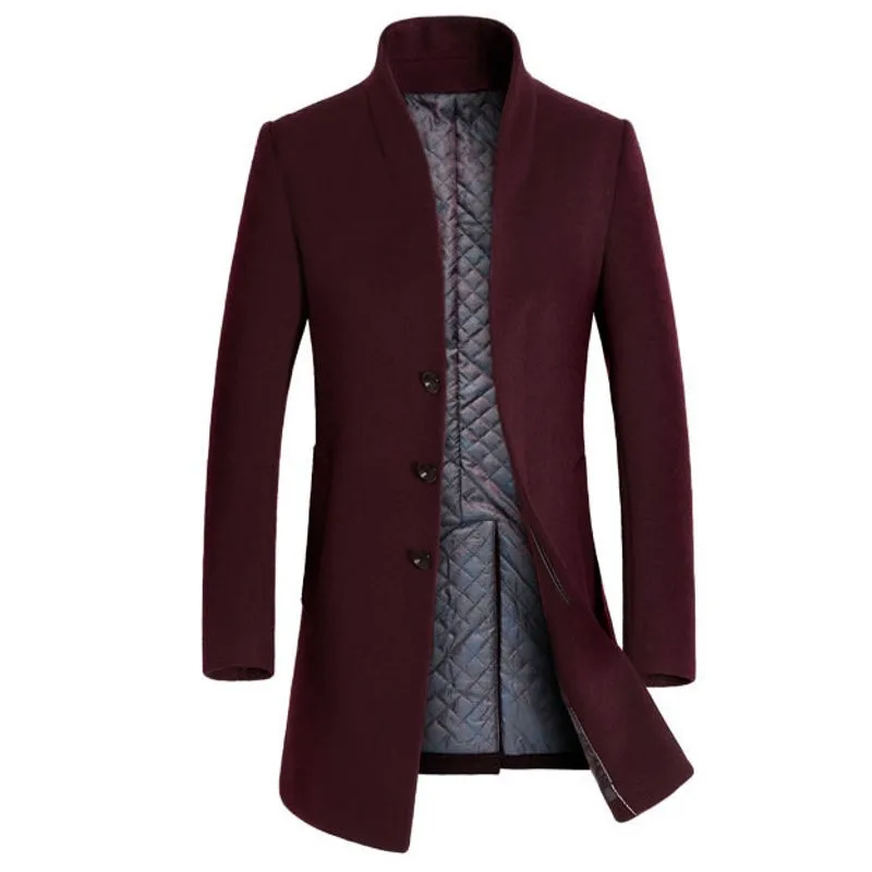 Модная мужская куртка, пальто, верхняя одежда, приталенная искусственная шерсть, повседневный длинный плащ, ветровка, однотонное деловое пальто, зимнее пальто - Цвет: Wine Red Coat