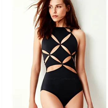 

2019 Sexy Black Hollow Out One Piece Swimsuit Bandage Swimwear Female Brazilian High Waist Swim Suits Solid Sexy Women X Back