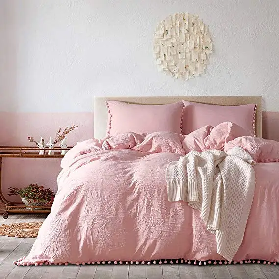 

Pink Duvet Cover Queen Size 3 Pcs Set (1 Duvet Cover, 2 Pillowcases) Ball Fringe Pattern Design Soft Comforter Cover Hypoallerg