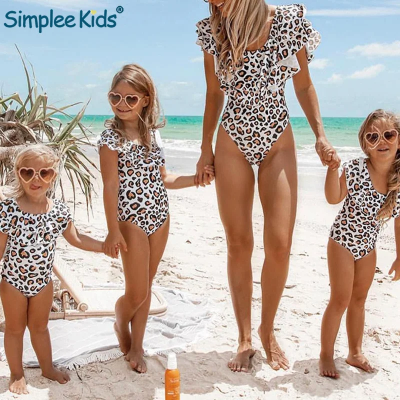 

Family Matching Bathing Suit Ruffles Leopard Bikini 2019 Push Up Sexy Swimsuit Kids Swimwear Girls One Piece Monokini