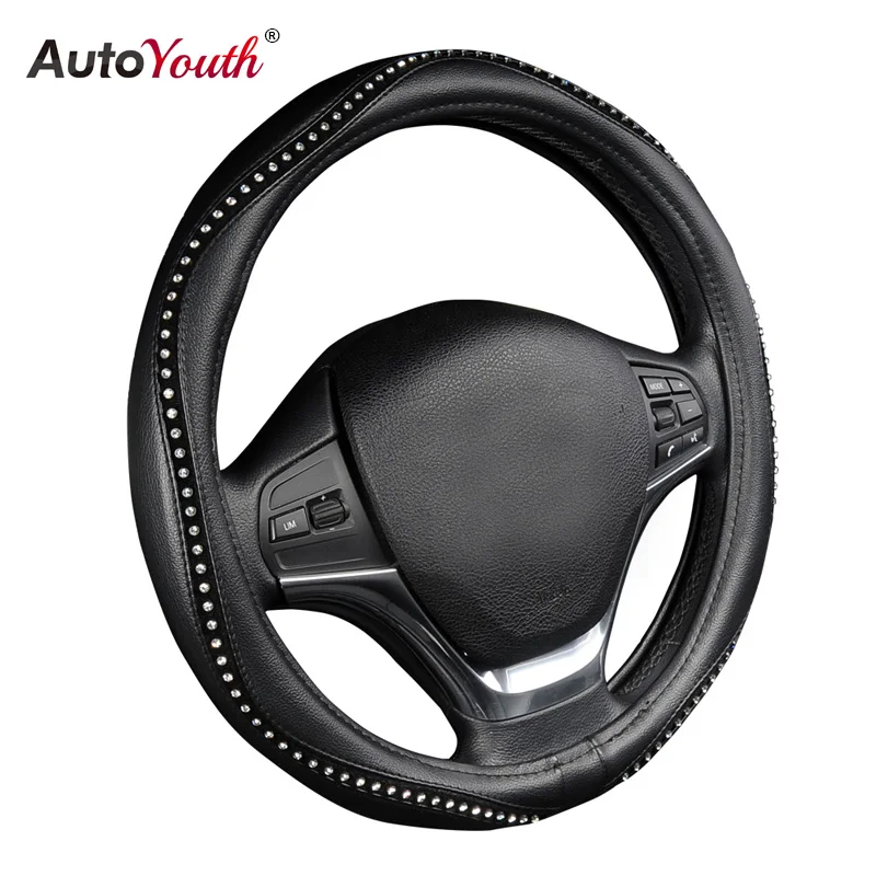 Fashion Steering Wheel Cover Black Lychee Pattern with Luxury Crystal Rhinestone M size Fits 38cm/15\ Fashion Steering Wheel Cover Black Lychee Pattern with Luxury Crystal Rhinestone M size Fits 38cm/15\