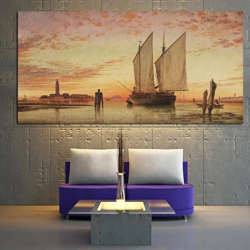 

Modern Seaview Boat Landscape Poster Print Abstract Seascape Oil Painting on Canvas Wall Picture for Living Room Home Decorative