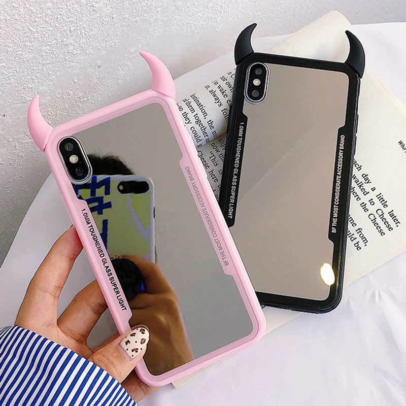 

Cute 3D Devil Horns Phone Case For For iPhone 10 X XR 6 6s Plus Hard Make Up Mirror Back Cover For iPhone XS Max 7 8 Plus Cases