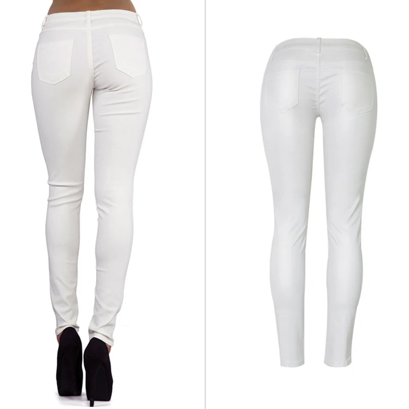 Koop Cbucyi Mode Vrouwen Lage Taille Stretch Broek Dubbele Rits Pu Gecoat Kunstleer Moto Biker Broek Vrouwelijke Slanke Witte Denim broek