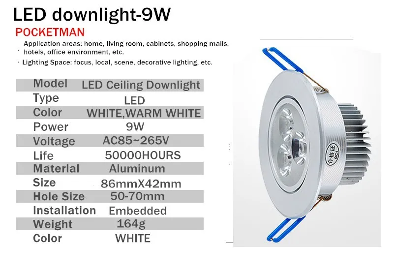Downlights 10 pçs/lote 9 w ac85v-265v Tipo de Ítem : Downlights