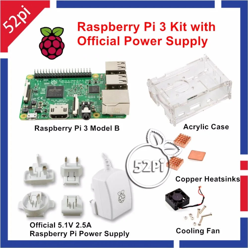 Raspberry Pi 3 комплект с официальным Raspberry Pi источник Питания AU/US/EU/UK вилка+ акриловый чехол с охлаждающим вентилятором+ медные радиаторы