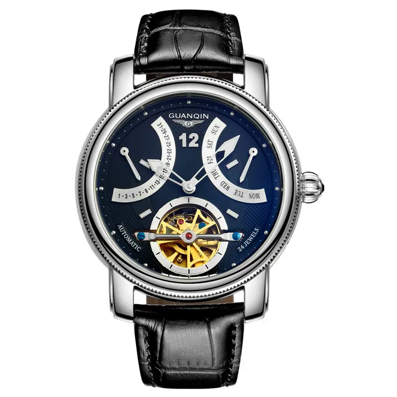 GUANQIN, новинка, роскошные брендовые автоматические механические часы, мужские водонепроницаемые светящиеся часы с календарем, кожаные золотые наручные часы - Цвет: Black