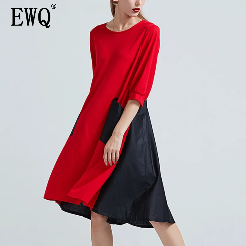 

[EWQ] New Spring 2019 Woman Round Collar Long Sleeve Loose Hem Irregular Loose Hem Dress Female Patchwork Big Size Dresses AA648