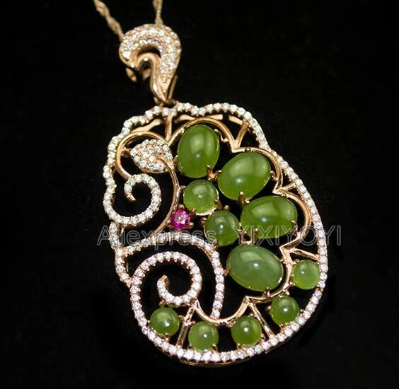 

925 Sterling Silver Green HeTian Jade Flower Elegant Style Hollow Lucky Pendant + Chain Necklace Fine Jewelry Charm Gift