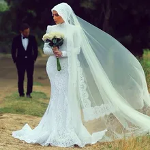 elegant hijab wedding dresses 2017 high neck long sleeve appliques lace mermaid bridal gown marry party gown vestido de novia
