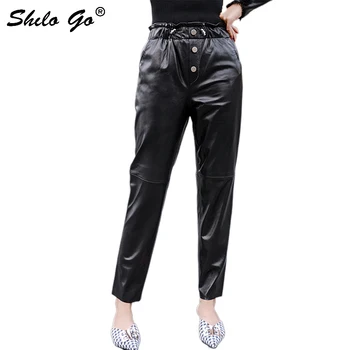 

Streetwear Leather Pants Women Single Breasted Elastic Ruffles High Waist Sheepskin Genuine Leather Harem Pants Female Capris