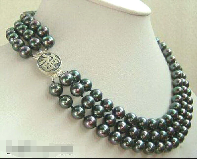 

Free Shipping ***Hot sale >>>3 Rows Genuine Black Pearl 925 Sterling Silver Fortune Luck Clasp Necklace