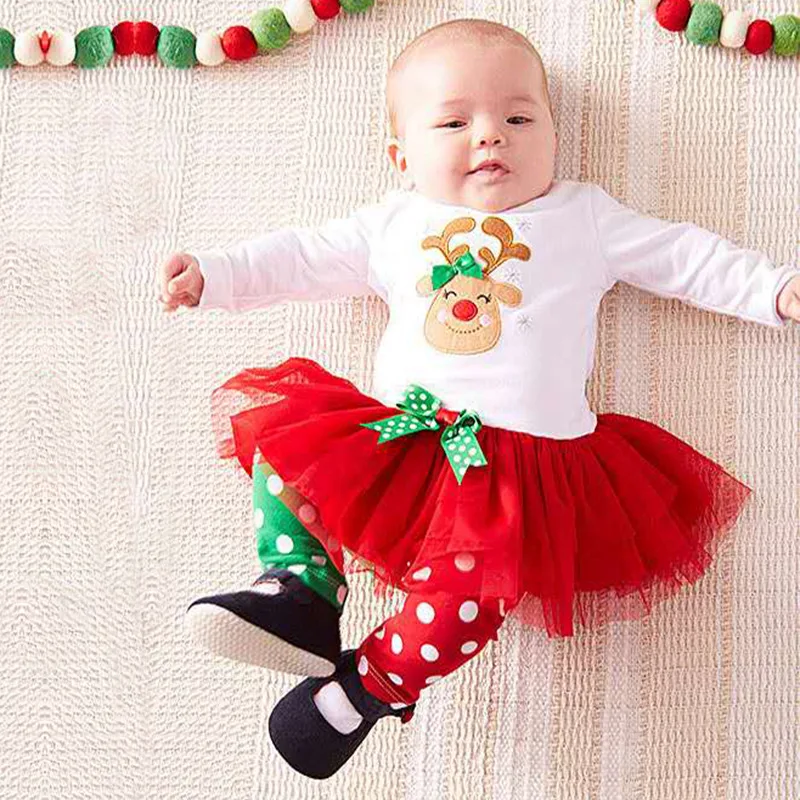 Baby Christmas Clothes Set Cute Toddler Girls Clothing Set Long Sleeve Tutu Dress Dot Long Pants Trousers Baby Girl Xmas Outfits