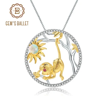 

GEM'S BALLET Natural African Opal Monkeys 12 Chinese Zodiac Jewelry 925 Sterling Silver Gemstone Pendant Necklace For Women