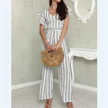 

Women Lady V Neck Loose Playsuit Party Ladies Romper Sleeveless Long Jumpsuit Sleeveless High Waisted Vertical Stripe Jumpsuit