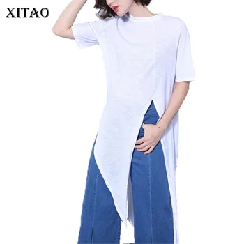 

[XITAO] 2018 New Summer Korea Fashion Women Short Sleeve Solid Color Long T-Shirts Female Irregular O-Neck Pullover Tees FDY001
