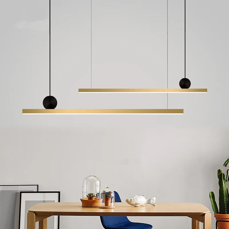 

Creative Long Led Pendant Light Simple Brass Color Design Long Strip Living Room Bar Counter Cafe Restaurant Light Fixtures