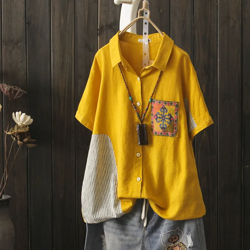 

Vintage Linen Cotton Embroidery Pattern Shirt Turn Down Collar Button Summer Patchwork Striped Women Blouose Loose Short Sleeve