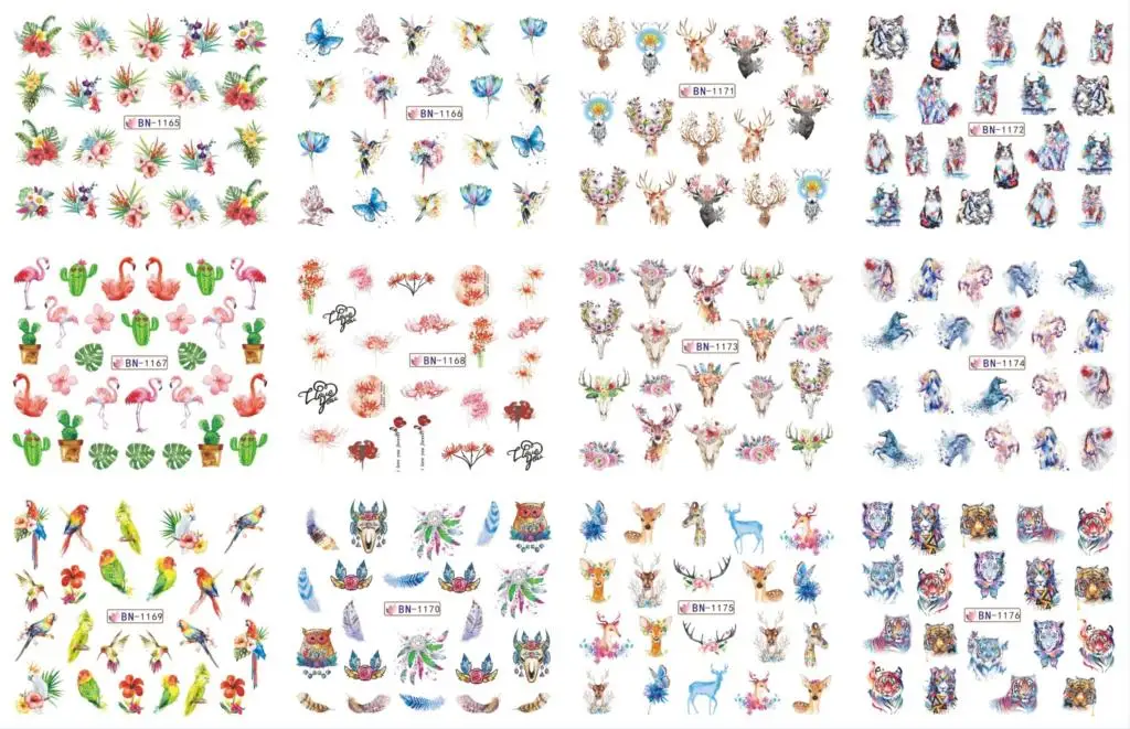 

12 Sheets/Lot BN1165-1176 Flower Cat Deer Horse Nail Polish Sticker Decal Water Tattoo Decoration Foils Wraps Accessories