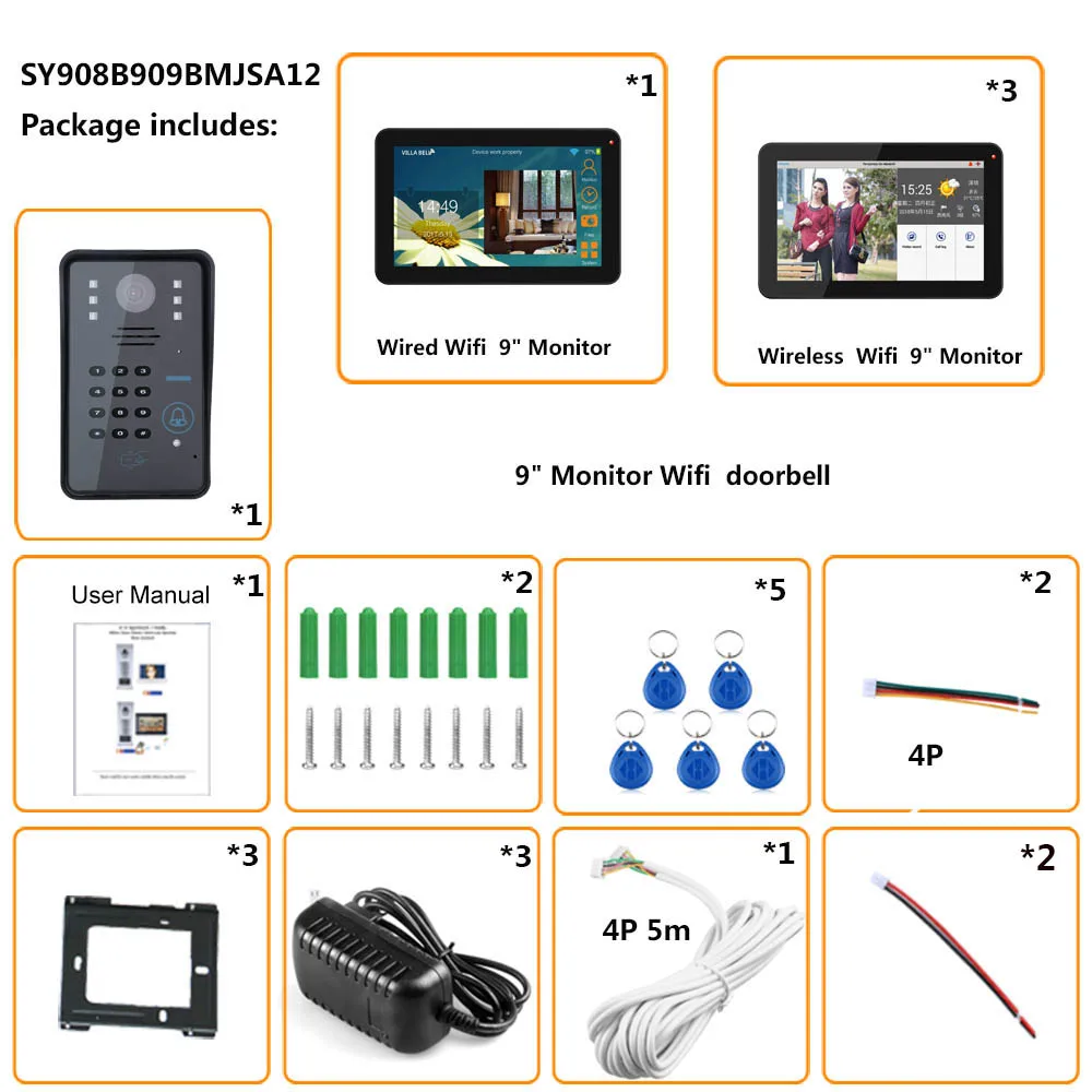 9 дюймов 2 монитора проводной/беспроводной Wifi RFID пароль видео телефон двери дверной звонок Домофон Система с+ IR-CUT HD 1000TVL камера